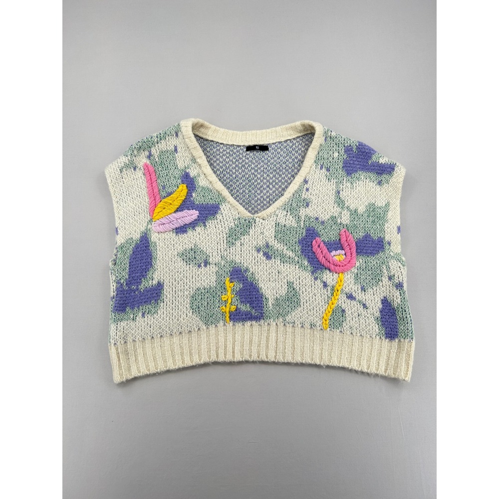 HH Floral Embroidered Knit Sweater Vest V-Neck Cropped Purple Cream Women's XL